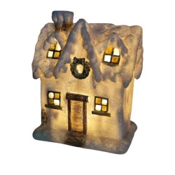 FIGURKA CERAMICZNA DOMEK ZIMOWY Z WIEŃCEM / LED / 22 CM....